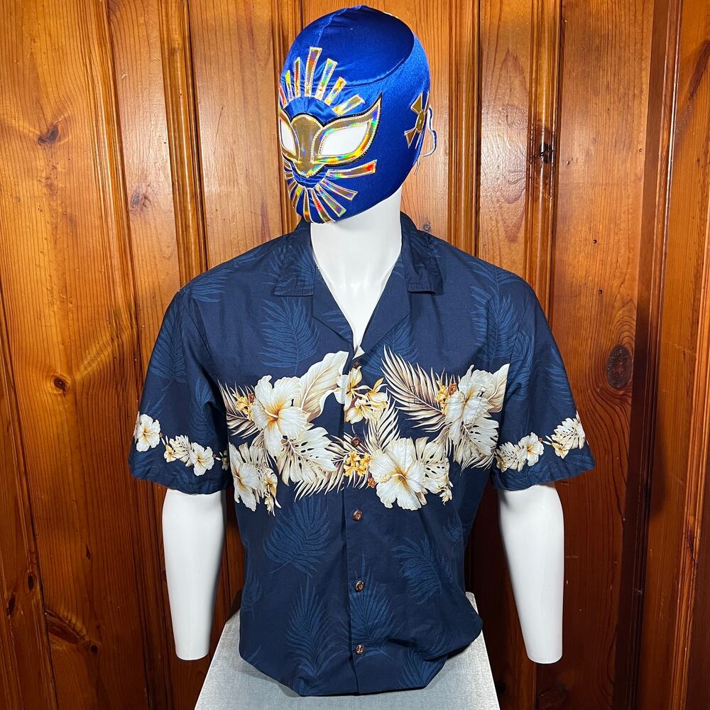 Pacific Legend L Hawaiian Shirt Navy Floral Camp Aloha